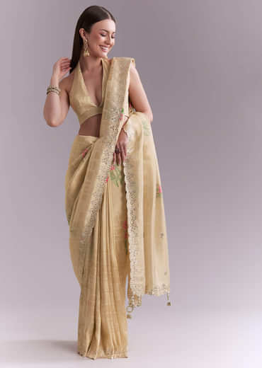 Cream Silk Saree With Floral Motifs And Gota Work