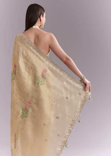 Cream Silk Saree With Floral Motifs And Gota Work