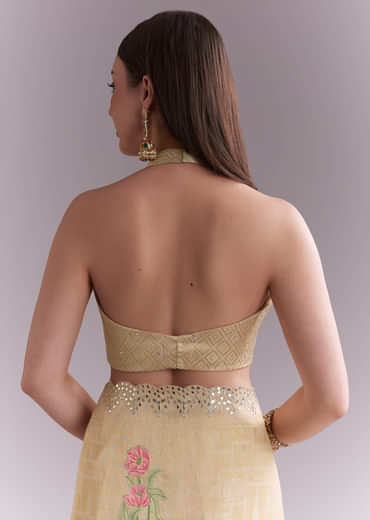 Cream Silk Saree With Floral Motifs And Gota Work