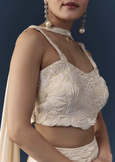 Cream Silk Sequin Work Crop Top Set with Dupatta