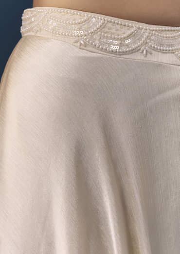 Cream Silk Sequin Work Crop Top Set with Dupatta