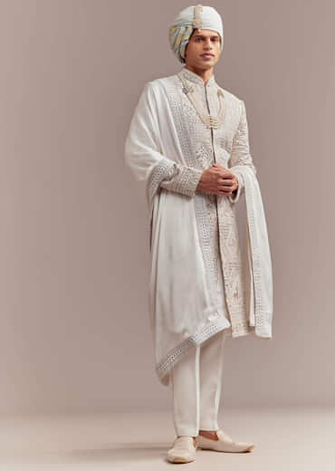 Cream Silk Sherwani For Groom With Handcrafted Embroidery