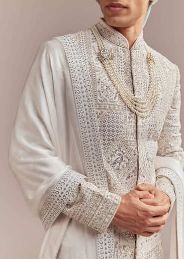 Cream Silk Sherwani For Groom With Handcrafted Embroidery