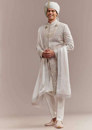 Cream Silk Sherwani For Groom With Handcrafted Embroidery