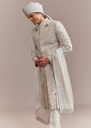 Cream Silk Sherwani For Groom With Handcrafted Embroidery