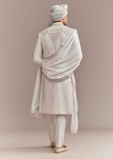 Cream Silk Sherwani For Groom With Handcrafted Embroidery