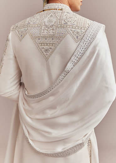 Cream Silk Sherwani For Groom With Handcrafted Embroidery
