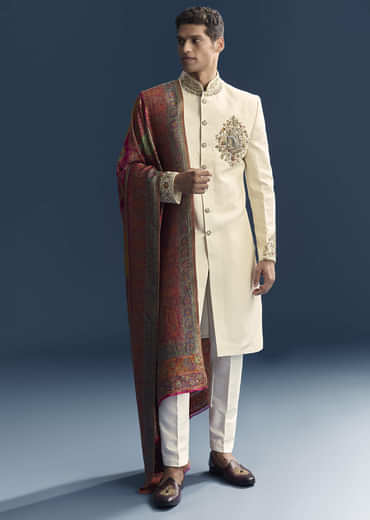 Cream Silk Sherwani For Groom With Intricate Hand Embroidery