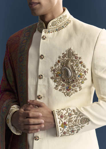 Cream Silk Sherwani For Groom With Intricate Hand Embroidery