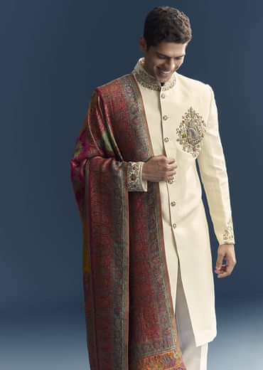 Cream Silk Sherwani For Groom With Intricate Hand Embroidery