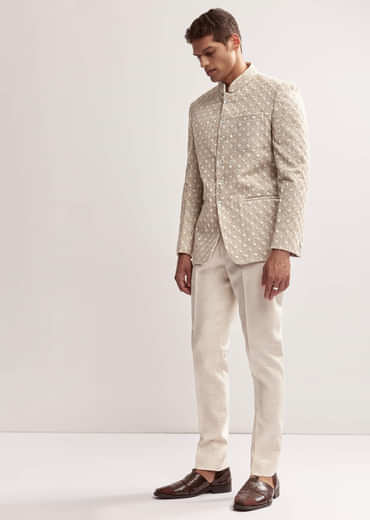 Cream Textured Linen Jodhpuri Set For Men