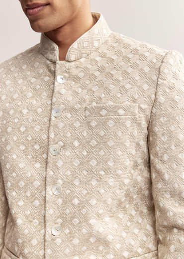 Cream Textured Linen Jodhpuri Set For Men