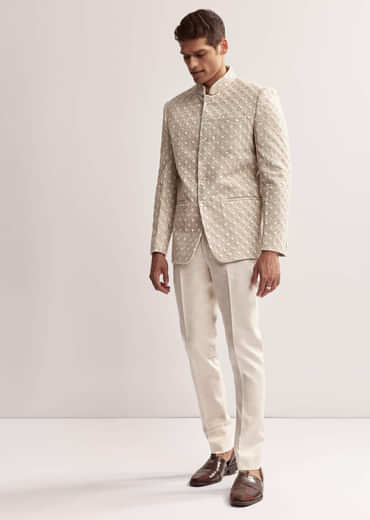 Cream Textured Linen Jodhpuri Set For Men