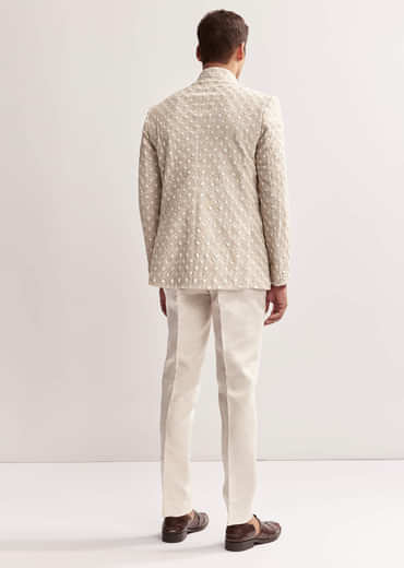 Cream Textured Linen Jodhpuri Set For Men