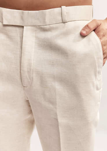 Cream Textured Linen Jodhpuri Set For Men