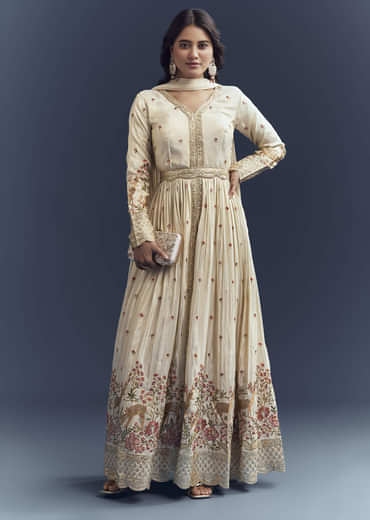 Cream Tissue Anarkali Suit With Delicate Resham Embroidery