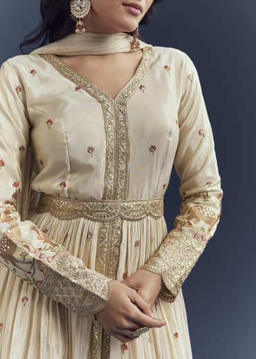 Cream Tissue Anarkali Suit With Delicate Resham Embroidery