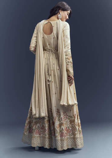 Cream Tissue Anarkali Suit With Delicate Resham Embroidery