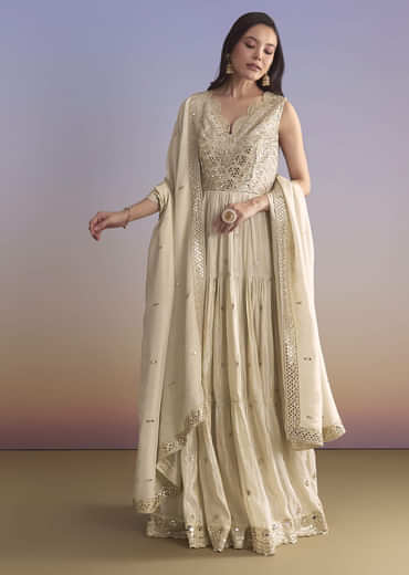 Cream Tissue Anarkali Suit With Zari Work