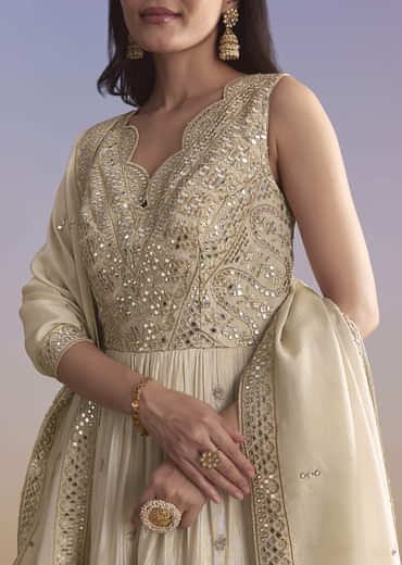 Cream Tissue Anarkali Suit With Zari Work