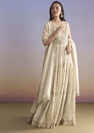 Cream Tissue Anarkali Suit With Zari Work
