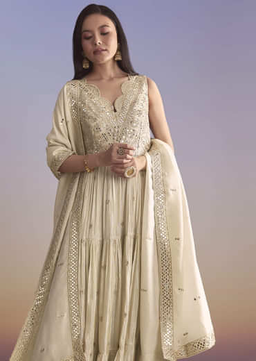 Cream Tissue Anarkali Suit With Zari Work