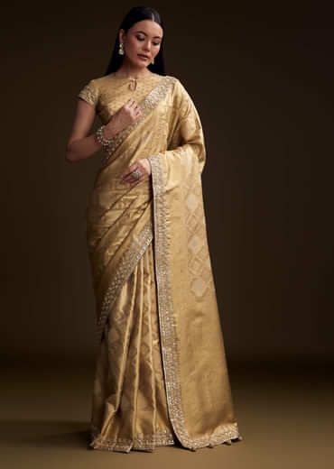 Cream Tissue Brocade Saree With Gotapatti And Moti Embroidery