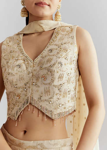 Cream Tissue Crop Top And Palazzo Pant Set With Embroidery