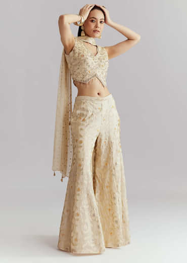 Cream Tissue Crop Top And Palazzo Pant Set With Embroidery