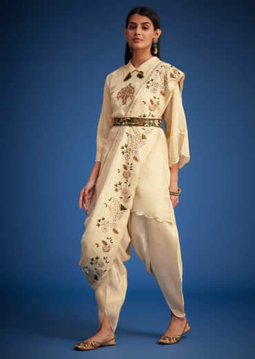 Cream Tissue Embroidered Dhoti Set