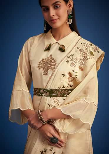 Cream Tissue Embroidered Dhoti Set