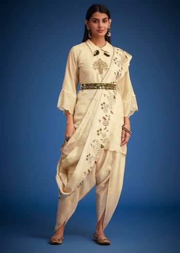 Cream Tissue Embroidered Dhoti Set