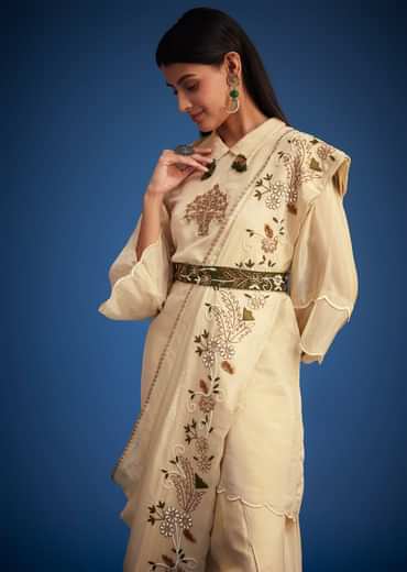 Cream Tissue Embroidered Dhoti Set