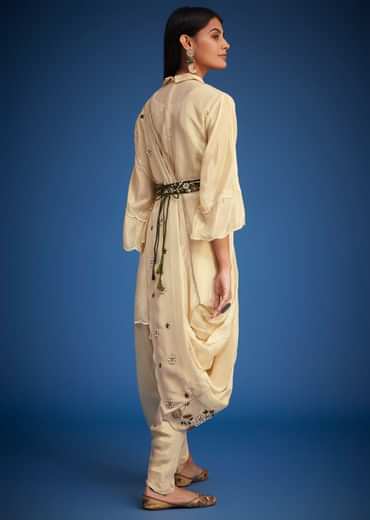 Cream Tissue Embroidered Dhoti Set