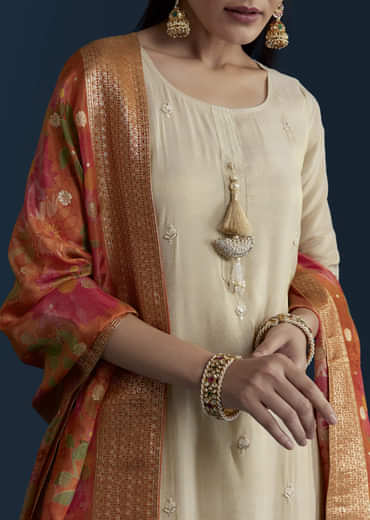 Cream Tissue Kurta Set with Bead Work