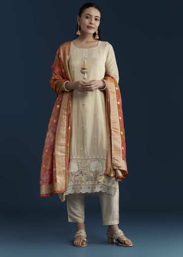 Cream Tissue Kurta Set with Bead Work