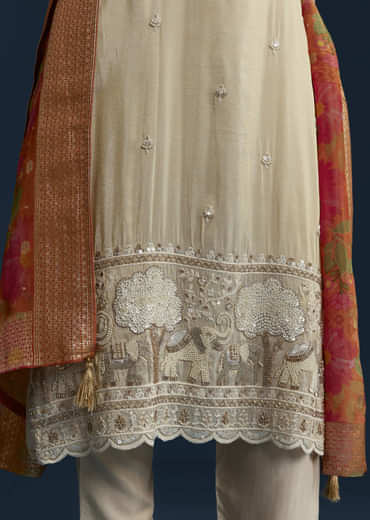 Cream Tissue Kurta Set with Bead Work