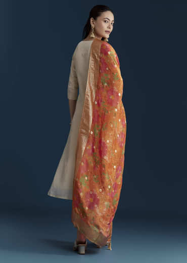 Cream Tissue Kurta Set with Bead Work