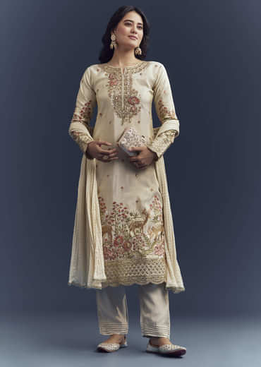 Cream Tissue Kurta Set With Resham And Zardosi Work