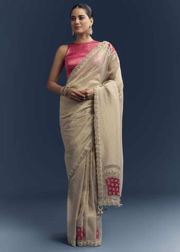 Cream Tissue Organza Saree With Intricate Hand Embroidery