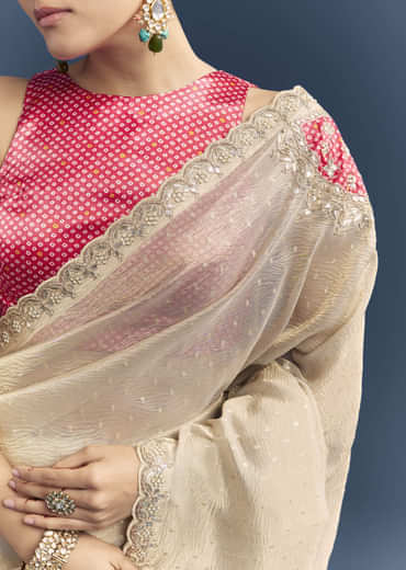 Cream Tissue Organza Saree With Intricate Hand Embroidery