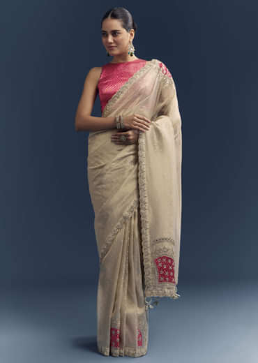 Cream Tissue Organza Saree With Intricate Hand Embroidery