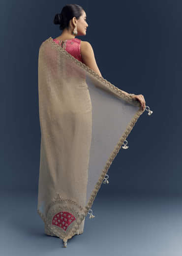 Cream Tissue Organza Saree With Intricate Hand Embroidery