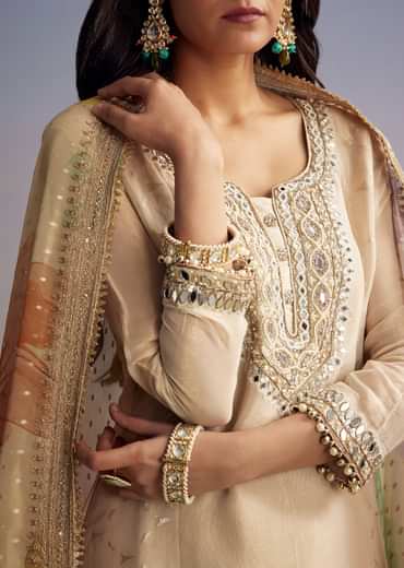Cream Tissue Palazzo Suit With Mirror And Moti Embroidery And Dupatta