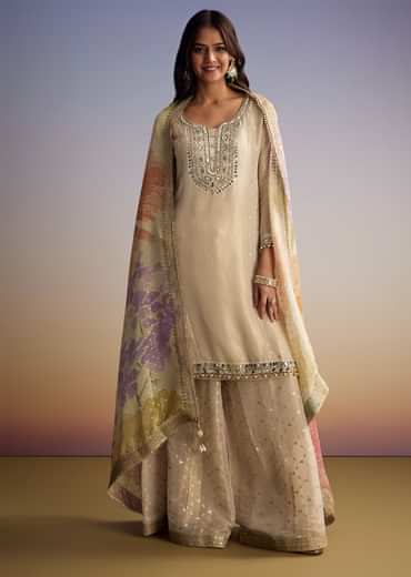 Cream Tissue Palazzo Suit With Mirror And Moti Embroidery And Dupatta