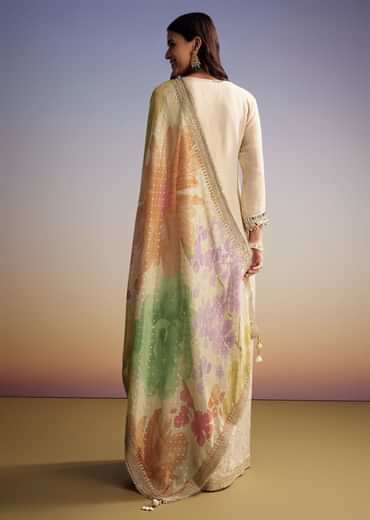 Cream Tissue Palazzo Suit With Mirror And Moti Embroidery And Dupatta