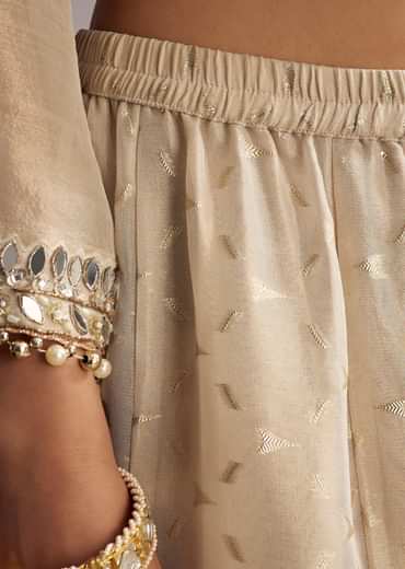 Cream Tissue Palazzo Suit With Mirror And Moti Embroidery And Dupatta