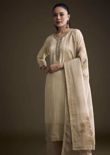 Cream Tissue Palazzo Suit With Sequins And Cutdana Work