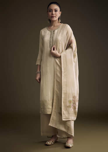 Cream Tissue Palazzo Suit With Sequins And Cutdana Work