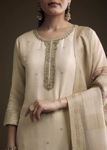 Cream Tissue Palazzo Suit With Sequins And Cutdana Work